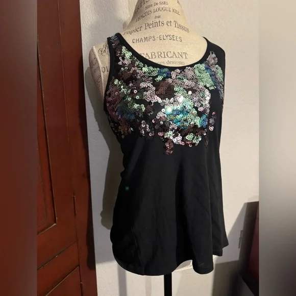Express Small Black Green Silver Sequin Tank Top - Picture 8 of 14